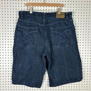 Evolution in Design Embroidered Baggy Jean Shorts Sz 40 Jorts Wide Leg Skate Y2K